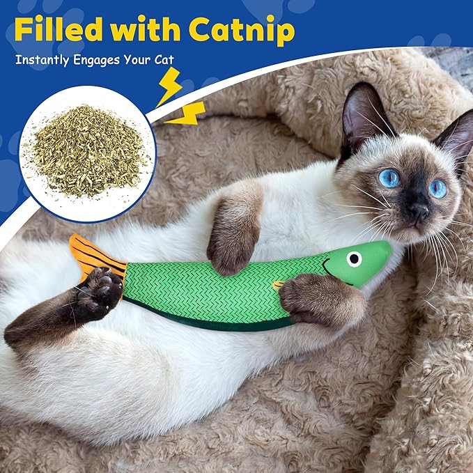 Cat Toys, 3-Pack Catnip Toys for Cats, Soft and Durable with Rattle Sound, Interactive Kitten Toys for Indoor Cats, 9.4 Inches, Saury Fish Cat Chew Toy for All Breeds (Saury Fish)
