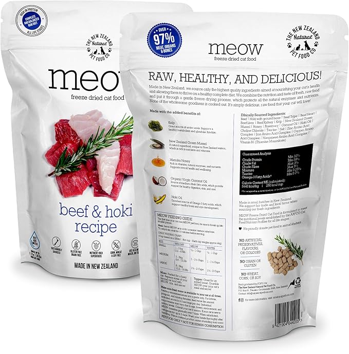 The New Zealand Natural Pet Food Co Meow Freeze Dried Cat Food - Beef & Hoki Recipe, High Protein Treats, Meals & Toppers, Dry Cat Food, 9.9 oz