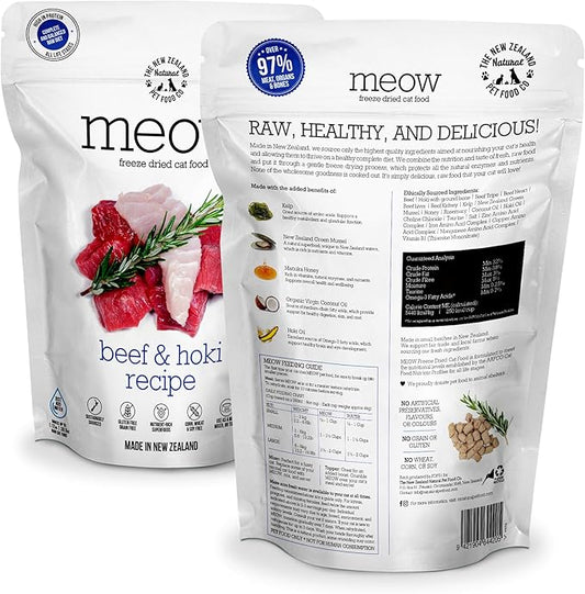 The New Zealand Natural Pet Food Co Meow Freeze Dried Cat Food - Beef & Hoki Recipe, High Protein Treats, Meals & Toppers, Dry Cat Food, 9.9 oz