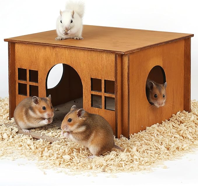 Upgraded Guinea Pig Hideout, Brown Chinchilla House with Windows, Hamster Cage Accessories for Small Animal Houses & Habitats, Wood Hamster Hideout with Cushion, Guinea Pig House for Rabbit, Hedgehog