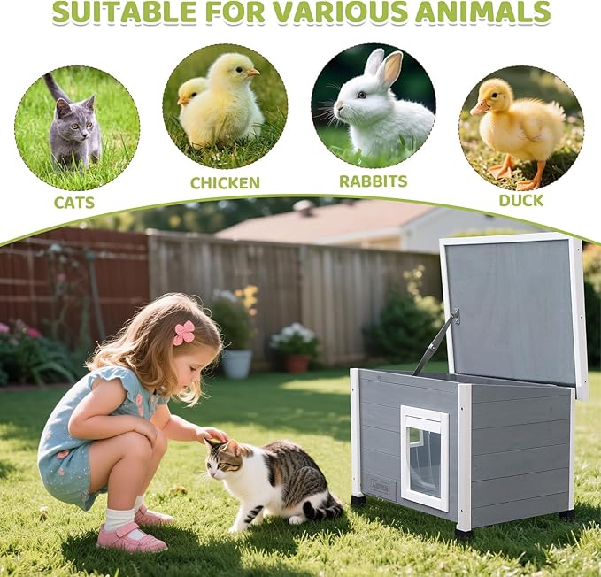 Outdoor Wooden Pet House, Weatherproof Winter Shelter for Dogs and Cats, Elevated Design with Window (Gray)