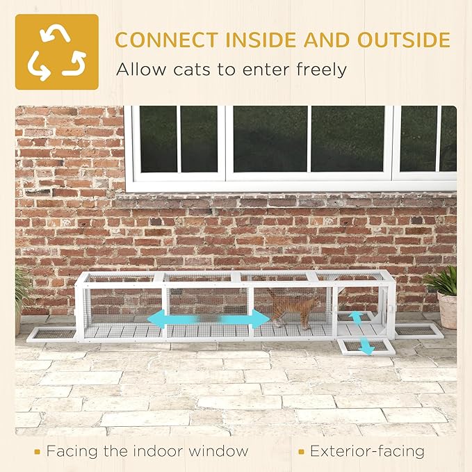 PawHut Outdoor Cat Tunnel with Extendable Design, 79" L Wooden Cat Run with Weather Protection, Connecting Inside and Outside, for Deck Patios, Balconies, White