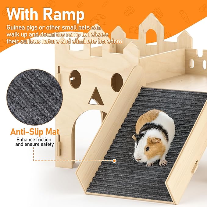 Guinea Pig Hideout House, Advanced Wooden Hamster House with Climbing Ladder & Multi-Holes, Bunny Castle Tower Toy for Guinea Pig Chinchilla Gerbil Hedgehog Small Animal House Habitat Hut ﻿