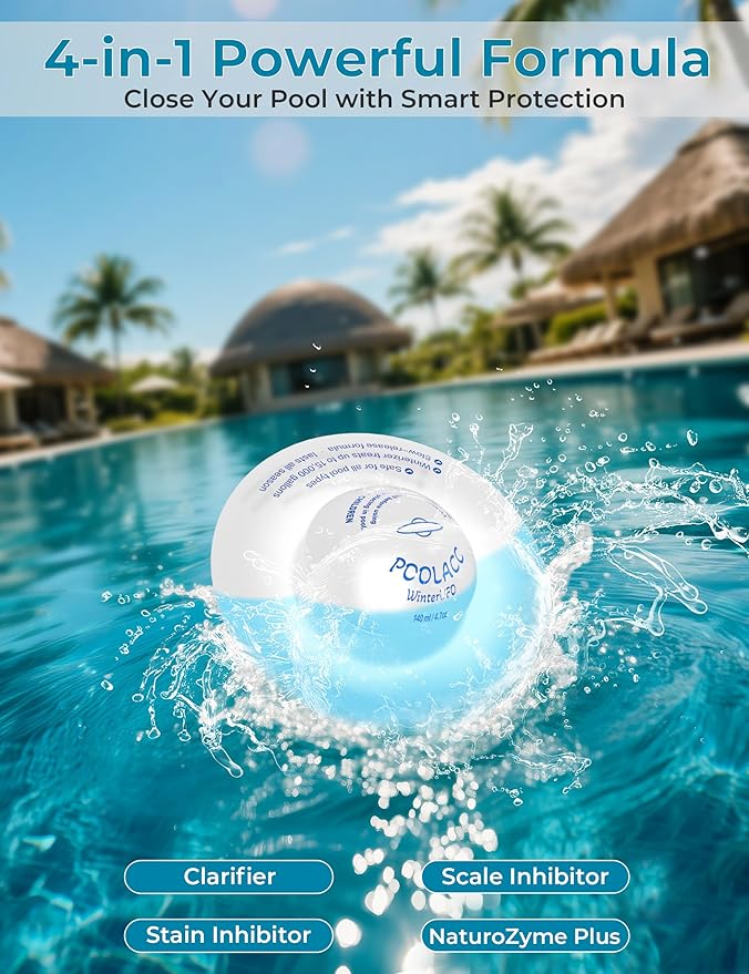 4-in-1 Winter Pool Closing Kit for Above-Ground & In-Ground Pools, Treats Up to 15,000 Gallons Pool Winterizing Kit, Long-Lasting Easy-to-Use Swimming Pool Clarifier & Enzyme (1-Pack)