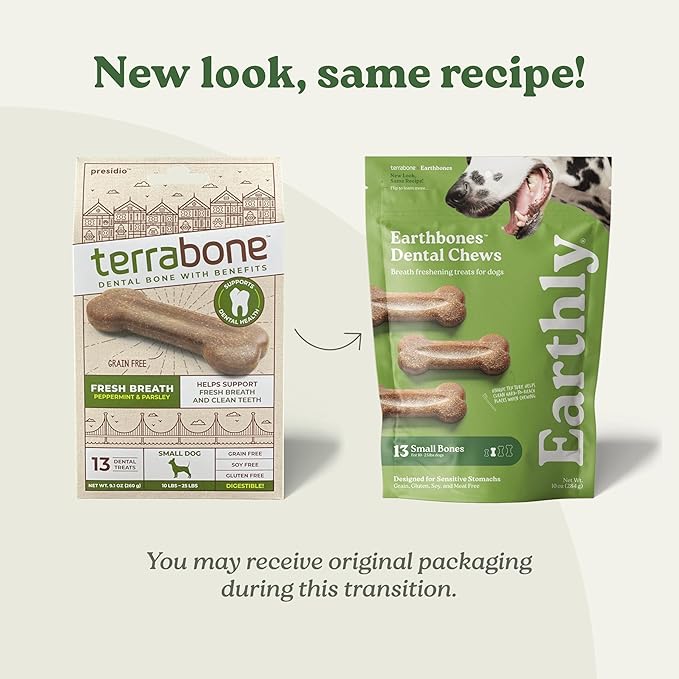 Presidio Earthbones (Formerly Terrabones) Dental Chews, Dog Teeth Cleaning Treat, Small, 13 Treats