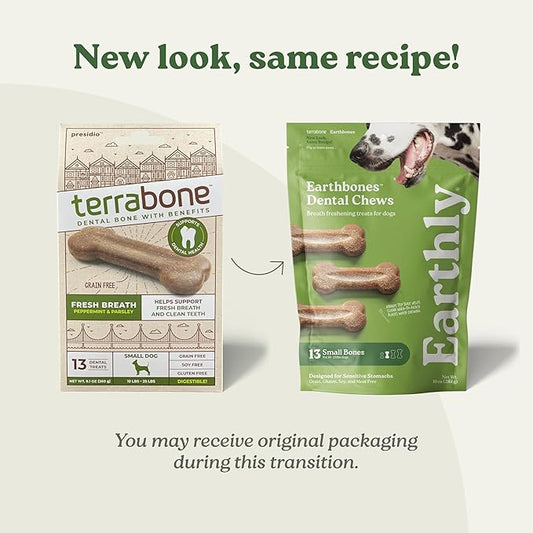 Presidio Earthbones (Formerly Terrabones) Dental Chews, Dog Teeth Cleaning Treat, Small, 13 Treats