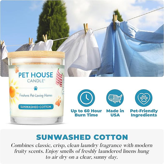 One Fur All Pet House Candle 2 Pack - Plant-Based/Soy - Clean Burning Scented, Long Lasting Pet Odor Candle for Home - Sunwashed Cotton