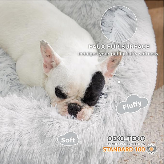 Bedsure Calming Dog Bed for Medium Dogs - Donut Washable Medium Pet Bed, 30 inches Anti-Slip Round Fluffy Plush Faux Fur Cat Bed, Fits up to 45 lbs Pets, Frost Grey