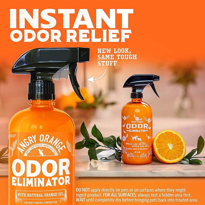 ANGRY ORANGE Pet Urine Odor Eliminator - Pack of 2 Citrus Deodorizers for Strong Dog or Cat Urine Smells on Carpet, Furniture & Floors - 24 oz Spray & 8 oz Concentrate - Puppy Supplies