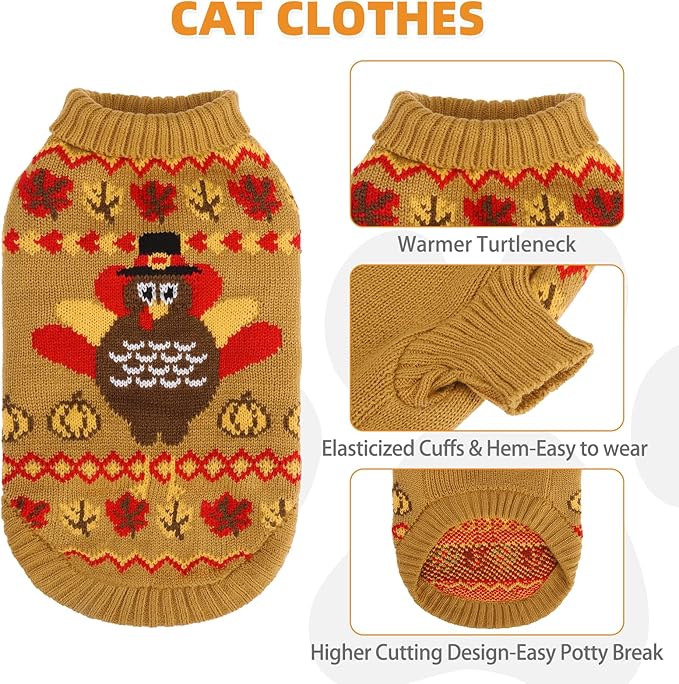 KOOLTAIL Cat Sweater Turtleneck- Soft Knit Cat Thanksgiving Sweaters for Cats Only, Turkey Pattern Thick Warm Cold Weather Pet Clothes Outfit for Small Medium Large Size Kitten Puppy Brown M