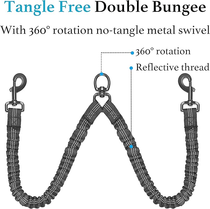 iYoShop Dual Dog Leash - 360° Swivel, No Tangle Walking Leash with Shock Absorbing Bungee for Two Dogs (Medium, 8-35 lbs, Black)