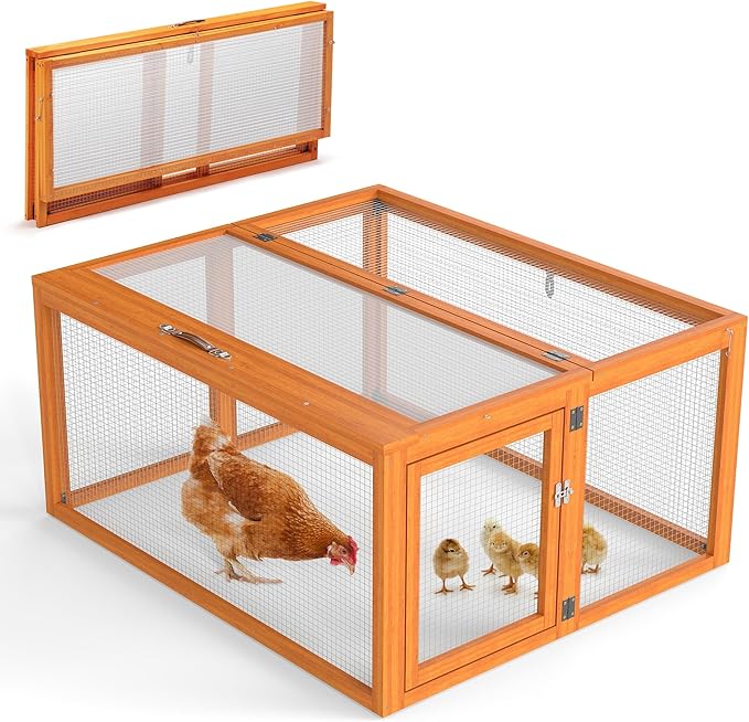 COZIWOW Portable Chicken Coop with UV-Proof Panel, 4X Garden Stakes, Wooden Rabbit Hutch, Chicken Brooder Indoor, Outdoor Folding Chicken Cage, Top & Side Openable Doors, 43.3Inch (Orange)