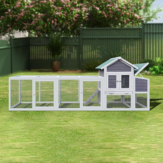 Gray Wooden Chicken Coop with Run and Nesting Box – Outdoor Hen House for 3–4 Chickens, Weatherproof Roof, Sliding Tray & Secure Predator-Proof Poultry Cage