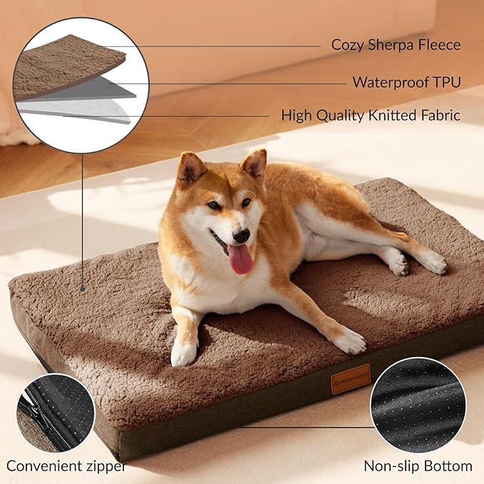 Patas Lague Orthopedic Dog Bed Medium Size Dog 30''X20'', Soft Comfortable Waterproof Egg Crate Foam Medium Pet Crate Beds Mat with Removable Washable Cover and Non-Slip Bottom, Brown