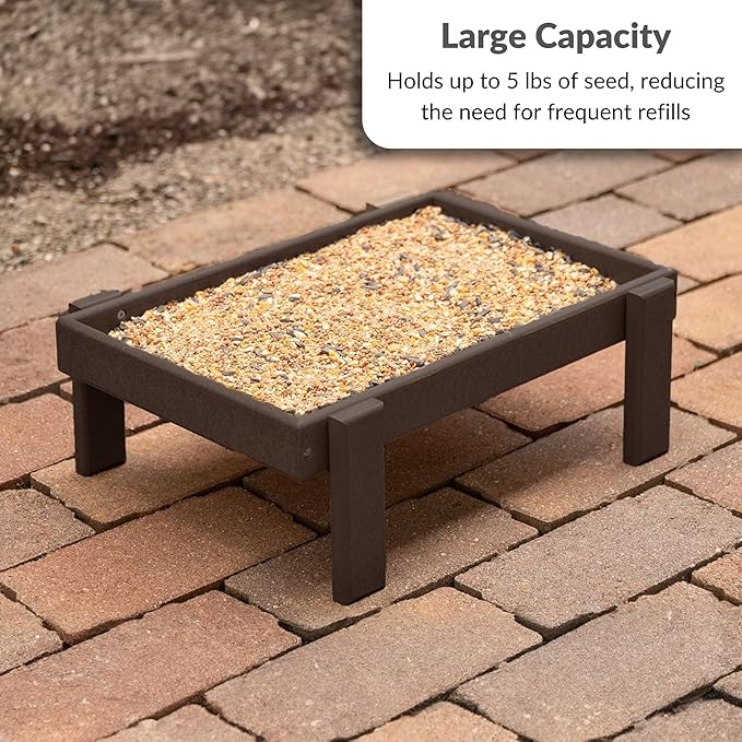 Amish American Made Platform Bird Feeder, Free Standing Ground Bird Feeders for Outdoors, with Raised Seed Tray for Wild Birds, Chicken, Squirrel, Gift for Birdwatchers (Milwaukee Brown)