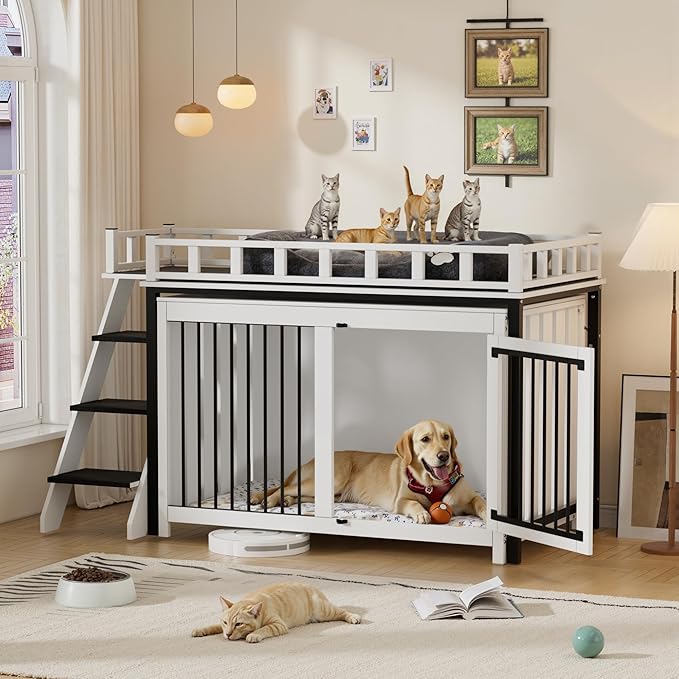 PakaLife Loft-Style Dog Crate Furniture with Double Doors, Heavy Duty Dog Kennel Indoor for Medium and Large Dogs, Wooden Pet House with Multi-Purpose Blanket and Fluffy Dog Bed