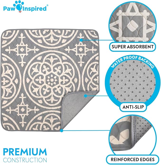 Paw Inspired Designer Print Dog Pads (2 Pack) | Premium Washable Pee Pads | Reusable Puppy Pads for Potty Training, Whelping, Waterproof Mat | Leakproof, Non-Slip Liner (Medallion Style, 36"x36" Size)