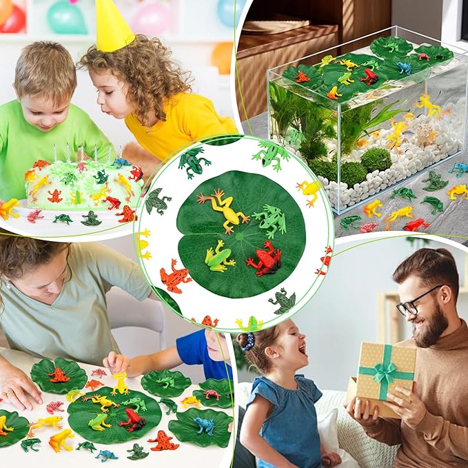 24 Pieces Mini Plastic Frog Toys and Artificial Lily Pads, Include Colorful Realistic Frogs Rainforest Animals Figures Character Toys and Floating Foam Leaves for Pool Decor Party Favor