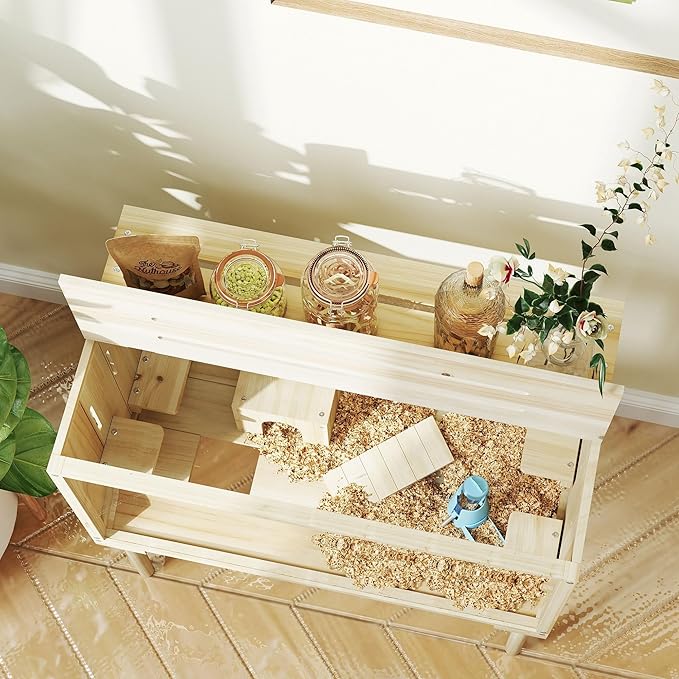 PawHut Wooden Hamster Cage with Legs, Gerbil Cage with Seesaw, Hut, Water Bottle & Food Dish, Hamster Habitat for Syrian, Dwarf, Mouse, 28" x 16" x 29.5", Nature Wood