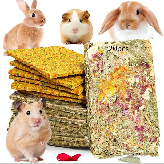 Rabbit Toys 20pcs 2 IN 1 Bunny Crisp Treat Guinea Pig Chew Snack for Cleaning Teeth Enrichment Timothy Hay Chips Hamsters Molar Food For Chinchilla Gerbil Rat Indoor Dental Care Boredom (8+12)