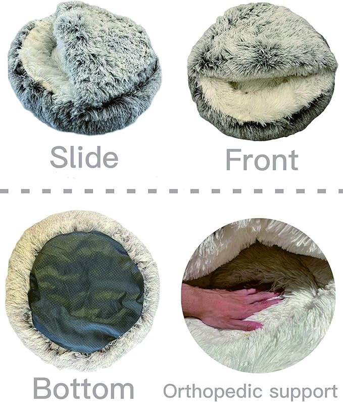 ShinHye Cozy Cat Bed - Round Plush Fluffy Hooded Cave, Indoor/Outdoor, Waterproof & Washable (20x20inch, Coffee)