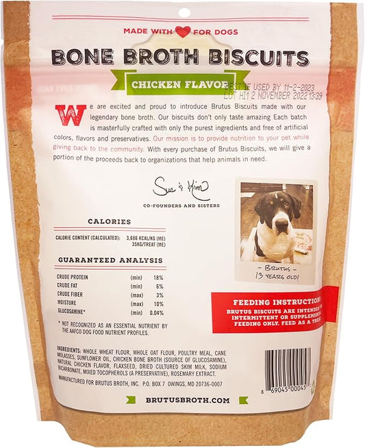 Brutus Bone Broth Biscuits (Chicken) - Healthy Dog Treats - Natural Dog Biscuits with Bone Broth and Real Chicken Meat - 18 Grams of Protein - 8 OZ (Pack of 6)