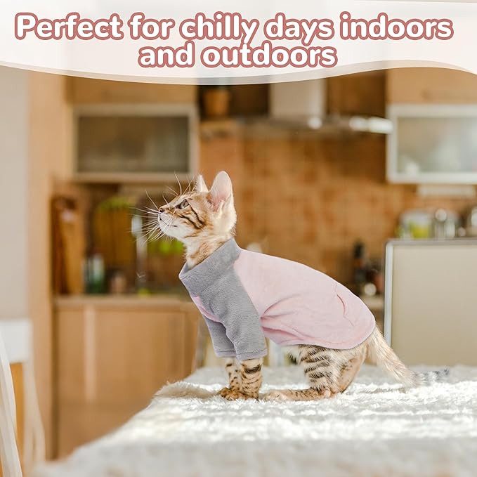 PUMYPOREITY Cozy Cat Sweater with Sleeves, Soft Coral Fleece Cat Clothes, Warm Winter Coat Thick Fleece for Hairless Cats, XS, Pink