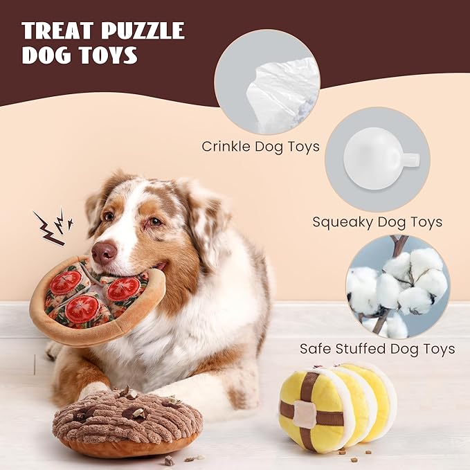 Nocciola Hide Treat Seek Food Dog Toys- Interactive Enrichment Burrow Snuffle Plush Stuffed Puppy Toys, Fun Crinkle Squeaky Durable Entertained Pet Supplies for Small Medium Large Breed, 3 Packs