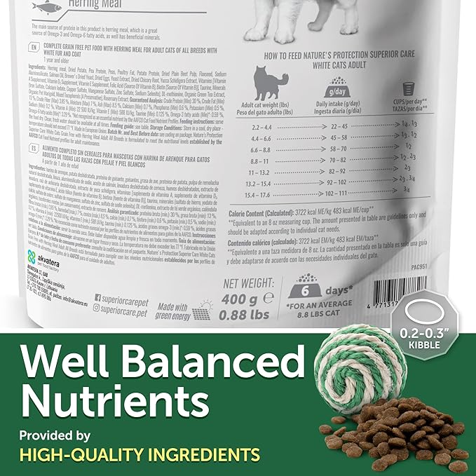 Nature's Protection Dry Cat Food - Grain Free, High Protein Cat Food Dry Kibble for Indoor Adult Cats with Light Fur - Sensitive Stomach, No Tear Stains & Hairball (Superior Care - Herring, 14.11 lb)