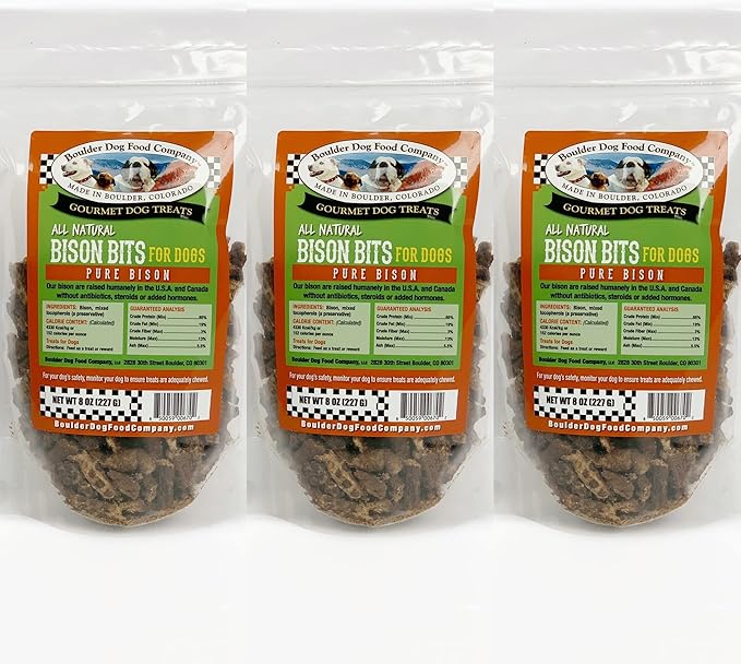 Boulder Dog Food Company All Natural Bits Dog Treats (3 Packs) - Dog Treats Made in USA Only (Bison, 8 oz)