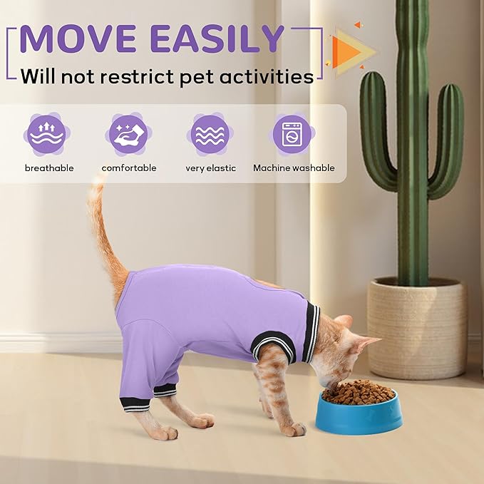 PUMYPOREITY Cat Recovery Suit for Hind Legs, Cat Surgical Spay Suit with Leg Sleeves to Stop Licking, Long Rear Sleeve Wound Cover Abdomen Kitten Onesie, Purple, M