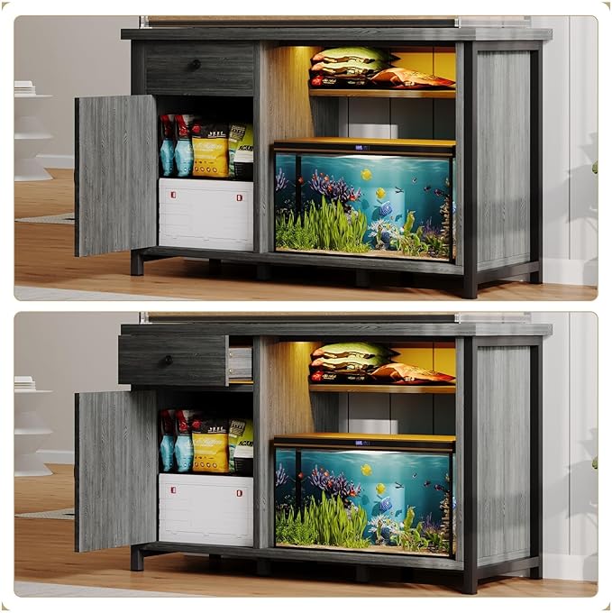 4ever2buy 55-75 Gallon Fish Tank Stand with Power Outlets, LED Light, Heavy Duty Aquarium Stand with Cabinet for Fish Tank Accessories Storage, for Turtle Tank, Reptile Terrarium, 1100LBS, Gray