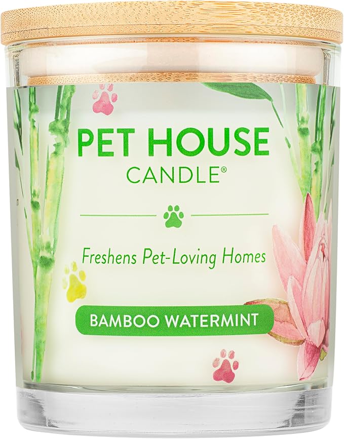 Pet House Candles, Plant-Based Pet Candle Clean Burning, 60 Hour Burn Time with a Natural Fiber Wick - Bamboo Watermint