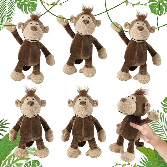 6 Pcs Safari Stuffed Animals Bulk Lion Elephant Monkey Tiger Toy Plush Zoo Animals Junble for Boy Girl Gift Animal Themed Parties Baby Shower Favor(Monkey)