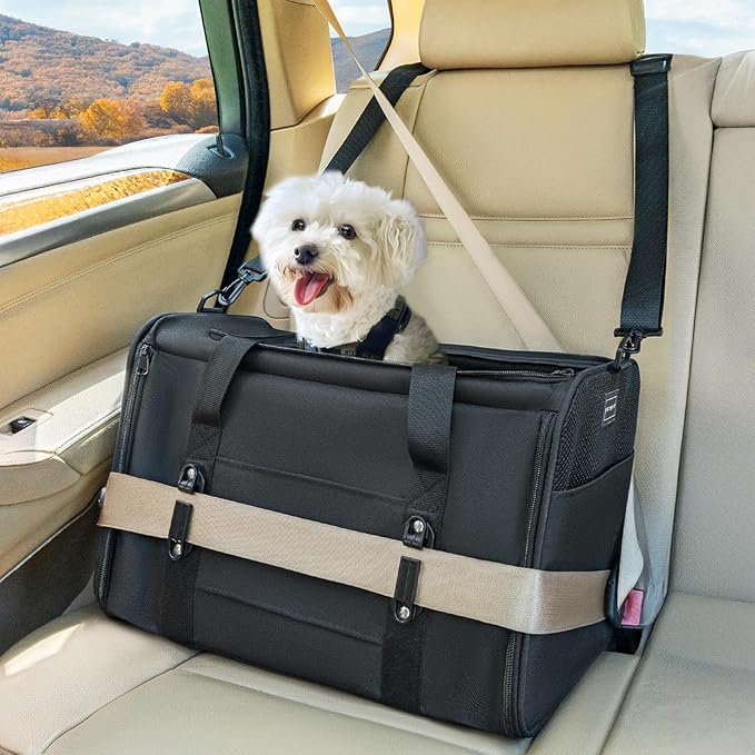 Petsfit Large Cat Carrier for 2 Cats, Lightweight Collapsible Double Cat Carrier for Travel, 4-Sided Breathable Mesh, with Adjustable Shoulder Strap, Locking Zipper and Washable Fleece Pad Black