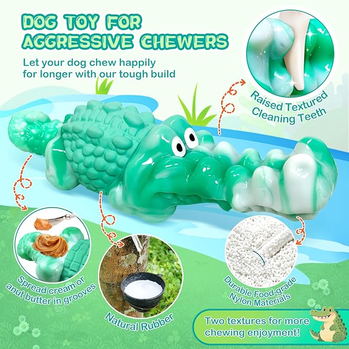 Dog Chew Toys for Aggressive Chewers - Indestructible Squeaky Crocodile Dog Toy for Small/Medium/Large Breeds, Best Tough Chew Toys for Teeth Cleaning and Anxiety Reduction, Boredom or Stress Relief