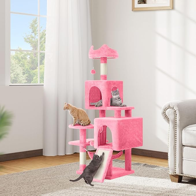 DWVO 54 in Multi-Level Cat Tower: Cats Tree for Indoor Kittens, Pet Furniture with Kitty Condos, Sisal Scratching Posts, Plush Perches, Cozy Hammock, Pink