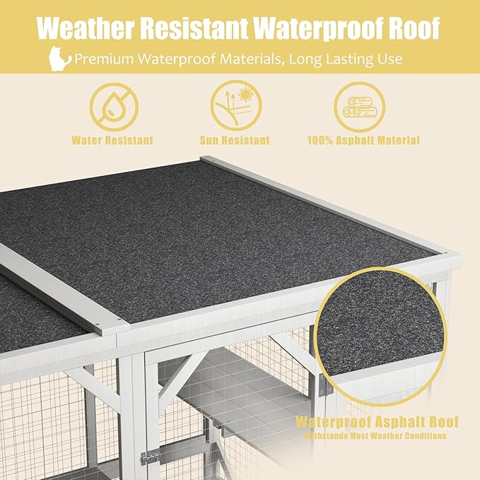 ROOMTEC Outdoor Catio with Roof 71.3" Height Large Wooden Cat Enclosure with 3 Jumping Platforms and 2 Napping Houses Cat Cage for Cat Activity (White)