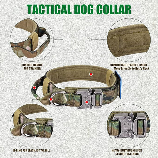 Tactical Military Dog Collar - Adjustable Nylon, Heavy Duty Metal Buckle With Handle for Training, With Patches (Camo, L)