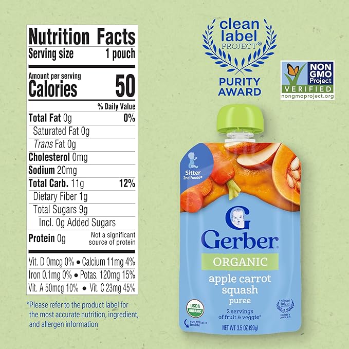 Gerber Stage 2 Baby Food, Organic Apple Carrot Squash Puree Pouch, 2 Servings of Fruit & Veggie, No Added Sweetener, No Artificial Colors or Flavors, 12-Pack