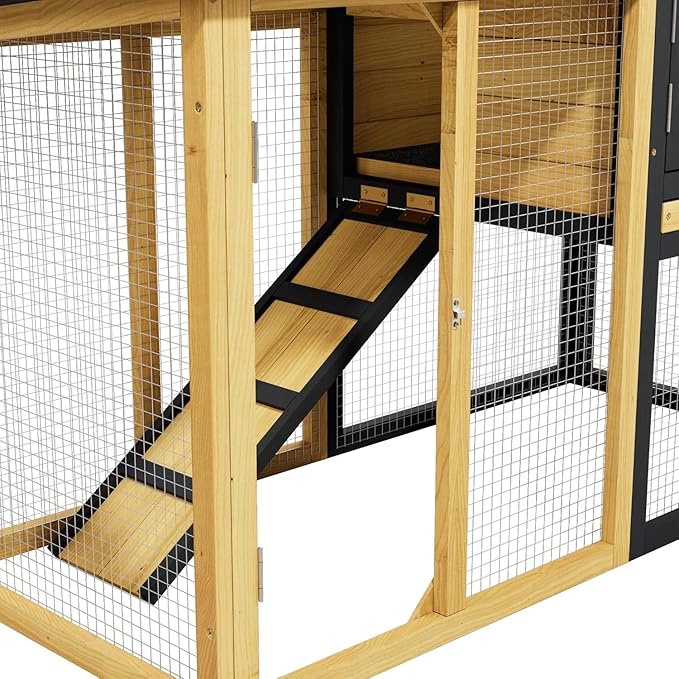 Bunny Cage Premium Rabbit Hutch with Leak-Proof Roof, 2-Story Bunny House for Guinea Pigs & Hamster,Wooden Chicken House with Deep Pull-Out Tray, Waterproof Chicken Coop for Outside (Yellow Black)