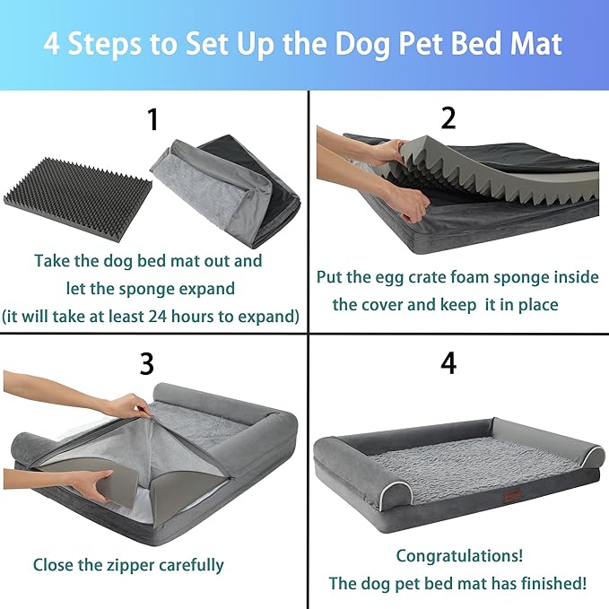 Orthopedic Dog Bed for Large Dogs - Egg Foam Sofa Bed with Waterproof Lining, Removable Washable Cover, Nonskid Bottom - XL 42x30x7.5Inch, Grey