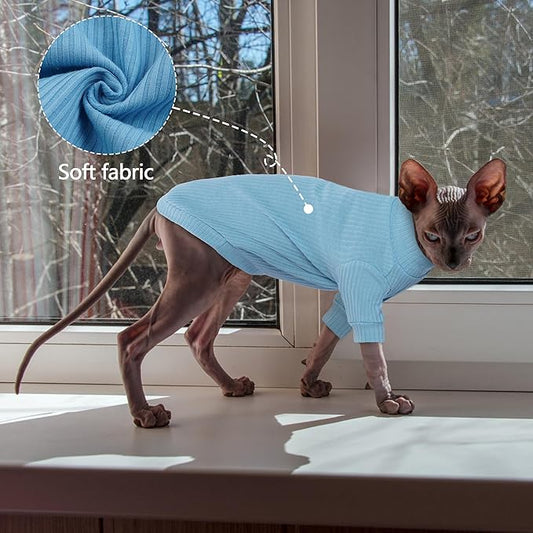 Pumyporeity Stretchy Cat Shirt & Sweater with Sleeves - Sphynx & Devon Rex Cat Clothes, Soft Blue Pullover Pajama