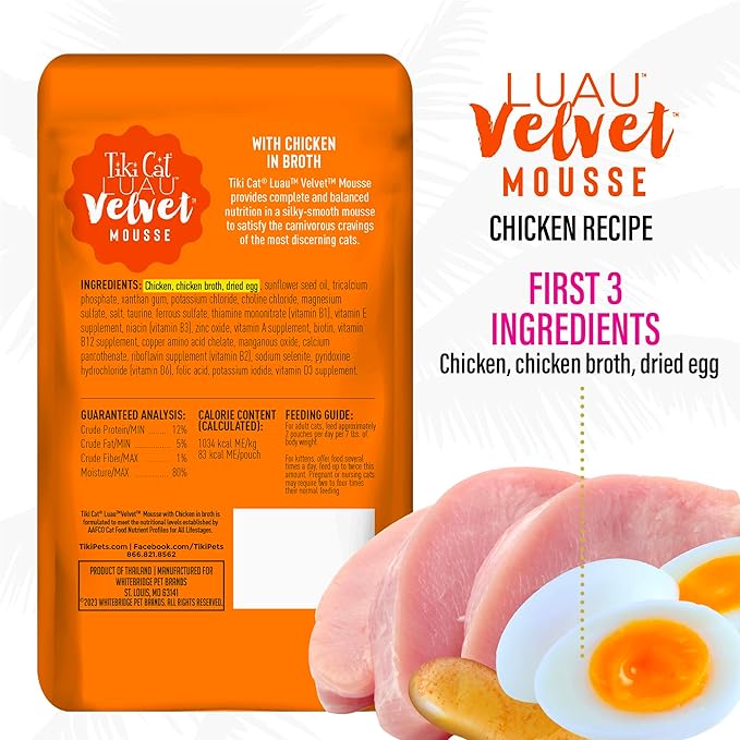 Tiki Cat Luau Velvet Mousse, Chicken in Broth, Complete Nutrition for Balanced Diet, Wet Cat Food For All Life Stages, 2.8 oz. Pouch (Pack of 12)