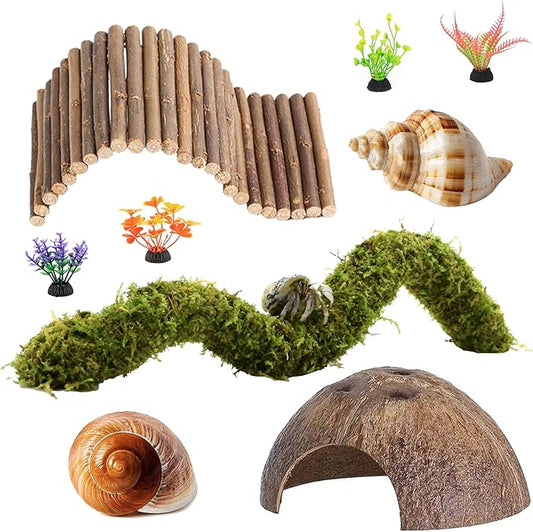 Hermit Crab Accessories, Natural Adjustable Hermit Crab Climbing Toys Bendable Bridge, Coconut Shell Hideout Hut, Plants for Reptiles & Amphibians Supplies(B-Group-9PCS)