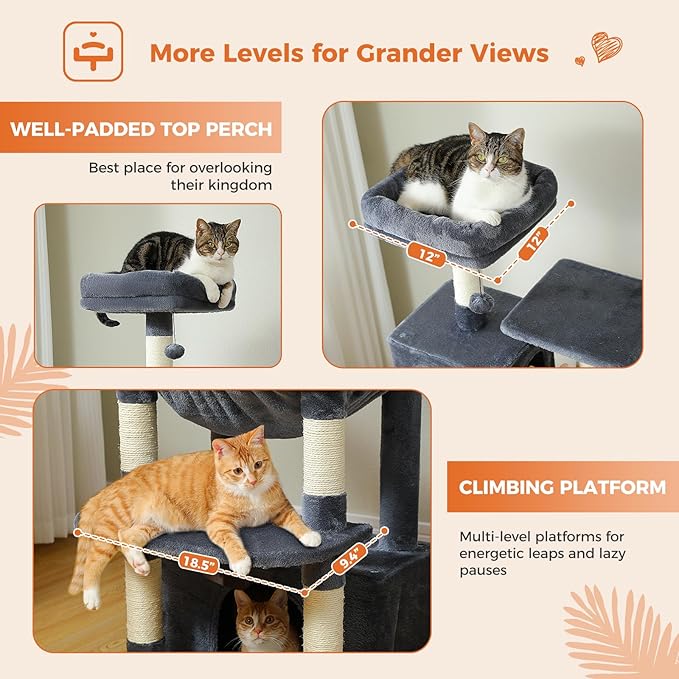 64.5-inch Plush Cat Tree for Indoor Cats with Large Metal Frame Hammock - Multi-Level Cat Tower with 2 Top Perches, 2 Condos, 7 Scratching Posts & Pompoms, Sturdy Pet House Toys, Dark Grey