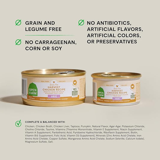 Open Farm Canned Cat Food, Paté for Complete & Balanced Nutrition, Grain-Free and Legume-Free Wet Cat Food, Harvest Chicken Recipe, 5.3oz Cans (Case of 12)