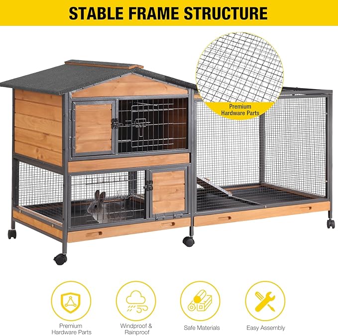 Aivituvin Rabbit Hutch 60.8" Rabbit Cage Indoor Outdoor Guinea Pig Cage on Wheels Bunny Cage with 3 Deep No Leakage Pull Out Tray,Waterproof Roof