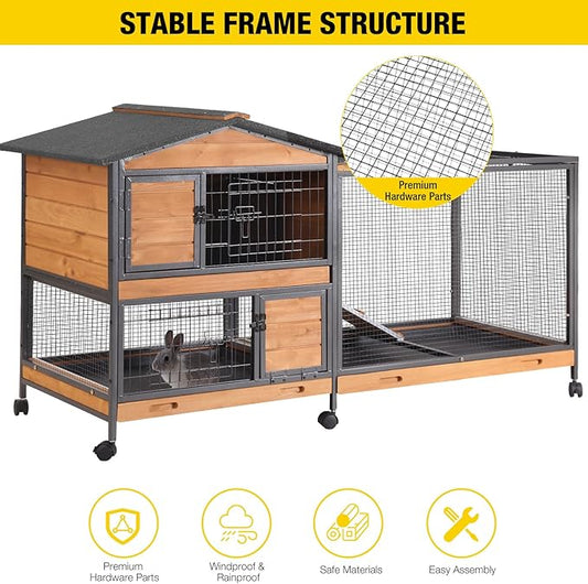 Aivituvin Rabbit Hutch 60.8" Rabbit Cage Indoor Outdoor Guinea Pig Cage on Wheels Bunny Cage with 3 Deep No Leakage Pull Out Tray,Waterproof Roof