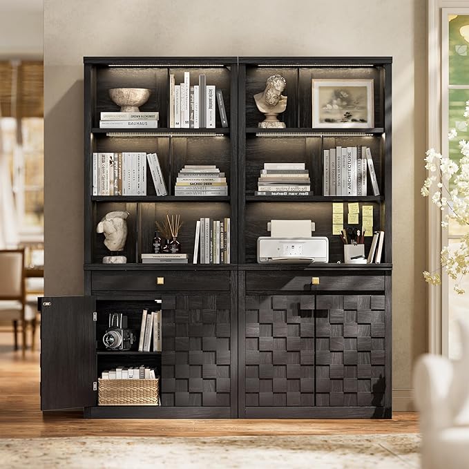 Fluted Bookcase with LED Light Set of 2, 72.2" Tall Standing Bookshelf with Drawer and Doors, Modern Storage Book Case Suite with 6-Tier Open Shelves for Office, Living Room, Bedroom (2, Black Oak)